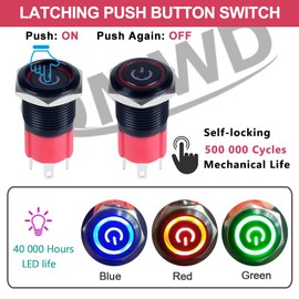 DMWD 16mm Heavy Duty Latching Metal Push Button Switch Waterproof 20Amp 12V-24V ON-Off 1NO 4 Pins with Pre-Wired Socket for 5/8" Mounting Hole with Power Symbol (Black Shell Red LED)