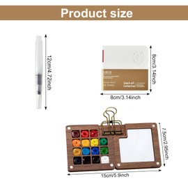 Mini Watercolour Set, Portable Watercolour Palette with 15 Grids, Wooden Painting Box for Travel - Pocket Artist Travel Set with Watercolour Paper, Watercolour Brush Pens, Clip & Sketchbook for