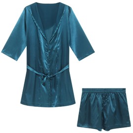 Men's 2 Pieces Satin Robe Lightweight Silk Bathrobe with Shorts Half Sleeve Short Kimono Robe Nightgown and Boxer Shorts Set