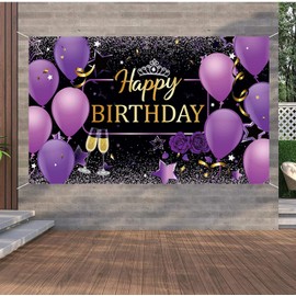 Purple Happy Birthday Banner Purple Party Backdrop Purple Happy Birthday Decorations for Women Girls Birthday Photo Background 72.8 x 43.3 Inch