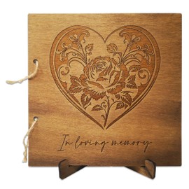 Memory Book for Funeral - Cover Made from Wood with a Rose Engraved on it, Thick Paper Pages (Memory Book)