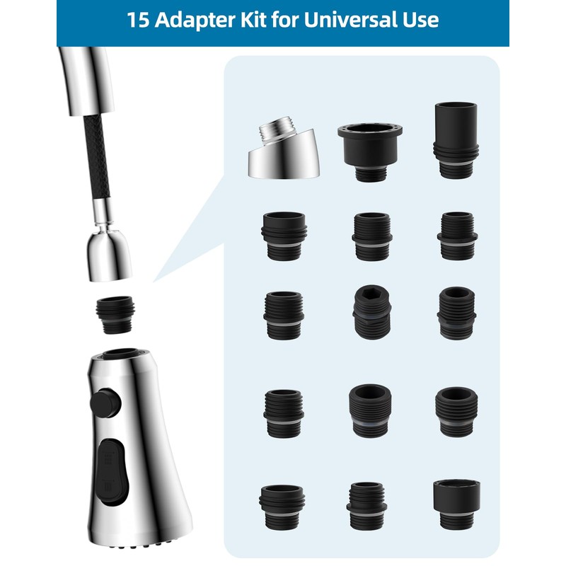 Universal Chrome Faucet Head Replacement with 15 Adapters Compatible with