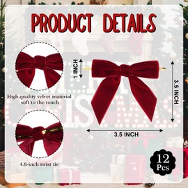 12 Pcs Red Velvet Christmas Bows for Christmas Tree, Wreath & Gift Wrapping - 3.5x3.5 Holiday Ribbon Bow Decor Crafts Wedding Party (1" W)