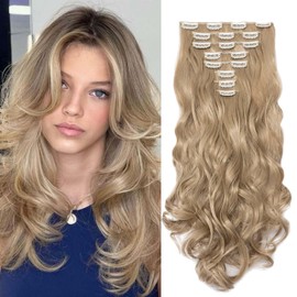 Gairyan Clip-In Hair Extensions Pieces Blonde Wavy Long Synthetic Hair Pieces Clip-In Hair Extensions Wavy 45 cm Curly Synthetic Hair for Women Natural Blonde
