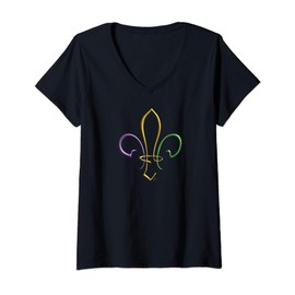 Womens MARDI GRAS GOLD PURPLE GREEN FLEUR DE LIS V-Neck T-Shirt