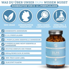 QIDOSHA® DLPA Capsules, 500 mg, Pack of 180 in Pharmacist Glass, DL-Phenylalanine, German Production, Completely Vegan, No Fillers or Additives