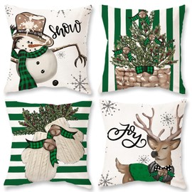 ONWAY Christmas Stripes Pillow Covers 18x18 Set of 4 Snowman Reindeer Gloves Throw Pillows Green Stripe Winter Holiday Decoration Cushion Case for Sofa Couch Home Decor