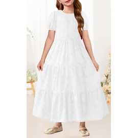 MITILLY Summer Flower Girl Dress for Wedding Formal Puff Short Sleeve A-Line Flowy Boho Maxi Dresses for Kids with Pockets 8 Years White