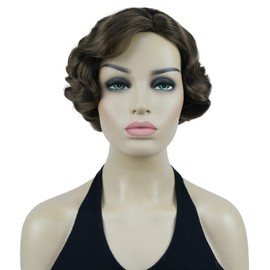Lydell Vintage Cosplay Party Wig Short Finger Wavy Flapper Hairpiece +Free Wig Cap (Medium Golden Brown)