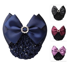 Women Hair Clip Rhinestone Bow Hair Net Satin Bow French Hair Clips Flower Hair Accessories for Stewardess, Banks, Hotels, Restaurant Staff, Black