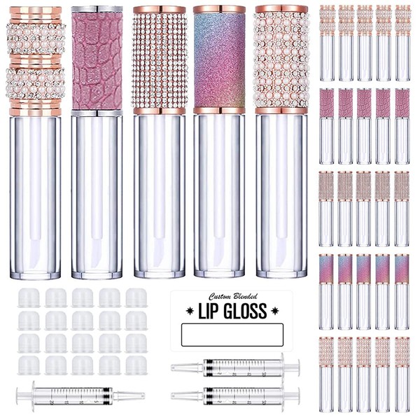 25 Pack Diamond Lip Gloss Tubes with Wand 5ml Empty Rhinestone Lip Gloss Containers Cute Lipgloss Bottles Crystal Lip Gloss Supplies Kit + 2pcs Syringes 5pcs Gift Bags + Labels for DIY Lip Gloss Base