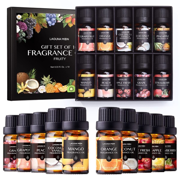 Fragrance Oil Set - Premium Grade 10 Pcs Scented Oils for Candle Making, Soap Scents, Aroma Beads, Bath Bombs, Perfume & Flavoring Oil for Lip Gloss - Organic Essential Oils with Fruity Scents (10ml)