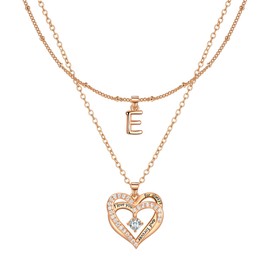 Lydreewam Rose Gold Layered Heart Necklaces for Women, Dainty Layering Heart Initial Letter E Necklaces with Cubic Zirconia, Adjustable Chain Necklaces Jewelry Gift