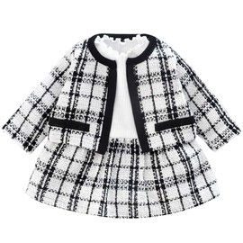 famuka Baby Girls Dress Coat Tops+A-Line Skirt Set Outfit Clothes for Wedding/Party/Birthday (6-9 Months, Plaid Dress Set)