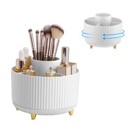 Lacusmall 360°Rotating Makeup Organiser Make Up Brush Holder, Makeup Organiser Rotating with 5 Compartments for Dressing Table Bedroom Bathroom Office, White