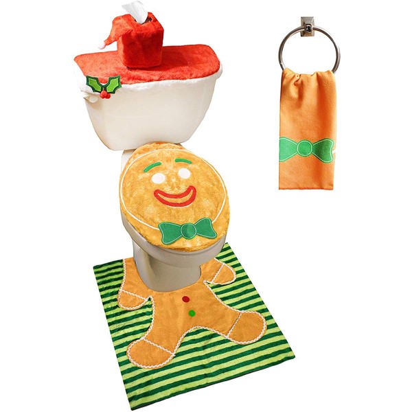 JOYIN 5 Pieces Christmas Gingerbread Man Theme Bathroom Decoration Set w/Toilet Seat Cover, Rugs, Tank Cover, Toilet Paper Box Cover and Santa Towel for Xmas Indoor Décor, Party Favors