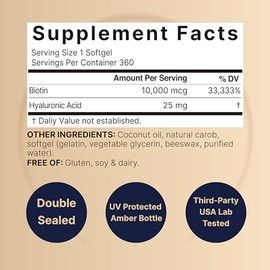 NatureBell Biotina 10000mcg + ácido hialurónico 25mg | 360 cápsulas blandas de aceite de coco, suplemento de biotina premium para cabello, piel y uñas