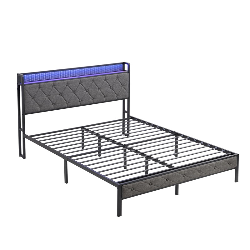 Full Size Bed Frames with Storage Headboard, LED Platform Bed