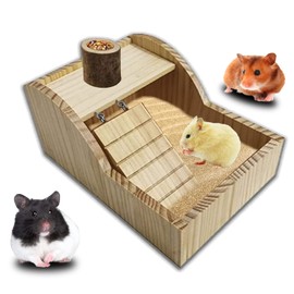 Hamster Sand Bath Box Rat Wooden Hideout Sand Bath Container Chinchilla Digging Sand Bathtub with Climbing Ladder Bowl for Hamster Sugar Gliders Mice Rat Syrian Hamster Dwarf Hamster
