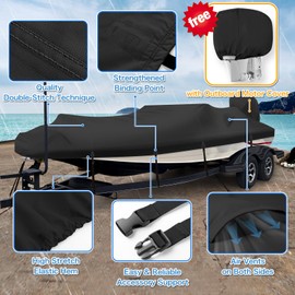 HAHASOLE Heavy Duty 1200D PU Waterproof Boat Cover, 14'- 16' Marine Grade Trailerable Polyester Canvas, Fits 14-16ft V-Hull, Runabout, Bass Boat, Ski, Fishing Boat with Tightening Strap, Black