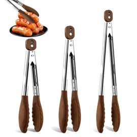 Wooden Tongs for Cooking Set of 3-7, 9, 12 inch Natural Walnut Kitchen Tongs with Stainless Steel, Heat Resistant Non-Scratch Utensils for Grilling, Serving, Salad, BBQ