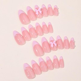24pcs French Press on Nails, Almond Shape, Pink, with Bow & Pearl Design, French Tip, Luxury Glue on, Full Cover Artificial Nails for Women