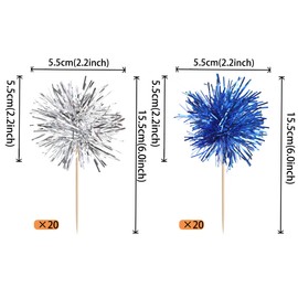 40 PCS Foil Firework Cupcake Toppers Sparkle Tinsel Cupcake Picks Fireworks Birthday Party Decorations Cocktail Fruit Toothpick for Birthday Wedding Graduation Party Decorations Supplies Silver Blue