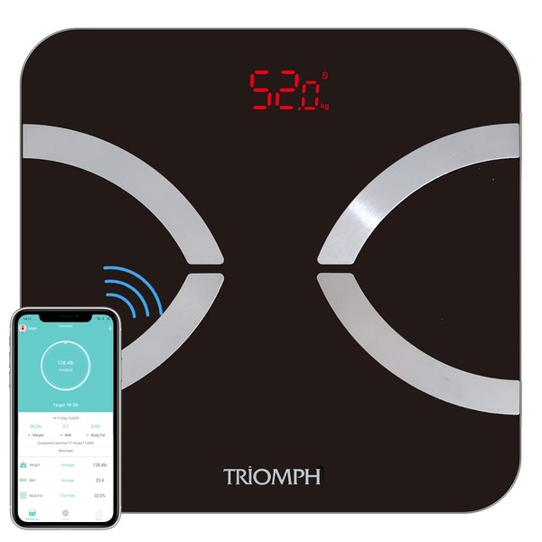 Triomph Body Fat Scale, Smart Wireless Digital Bathroom Weight Scale Body Composition Monitor with iOS/Android APP for Body Weight, Fat, Water, BMI, BMR, Muscle Mass, Black