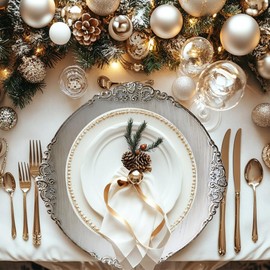 Umisriro Antique White Charger Plates, 13 Inch Embossed Chargers for Dinner Plates. Set of 6 Plastic Charger for Wedding, Party,Elegant Tableware Chargers Decoration.