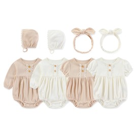 MAMIMAKA 4 Pack Baby Girl Bodysuit Cotton Bubble Rompers Newborn Clothes Floral Long Short Bodysuit, 9-12 Months