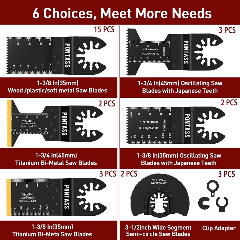 PONTASS 27Pcs Oscillating Saw Blades, Universal Titanium Multitool Blades for