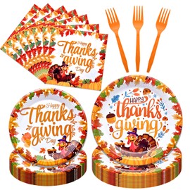 96 Pieces Happy Thanksgiving Tableware Set Party Supplies - Fall Harvest Pattern Disposable Dinnerware with Paper Plates, Napkins, Forks for Autumn and Thanksgiving Dinner BBQ Picnic Favors