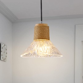 Dalouguan Pendant Light with Clear Striped Glass Lampshade, Boho Hemp Rope Woven Vintage Chandelier, Adjustable Height Hanging Island Light for Dining Room Living Room Hallway