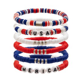 4th of July Summer Beach Heishi Surfer Bracelets Set for Women America Patriotic Flag Clay Beaded Stretch Bracelet Red White Blue Star Stackable Charm Bangle Independence Day Gifts-B