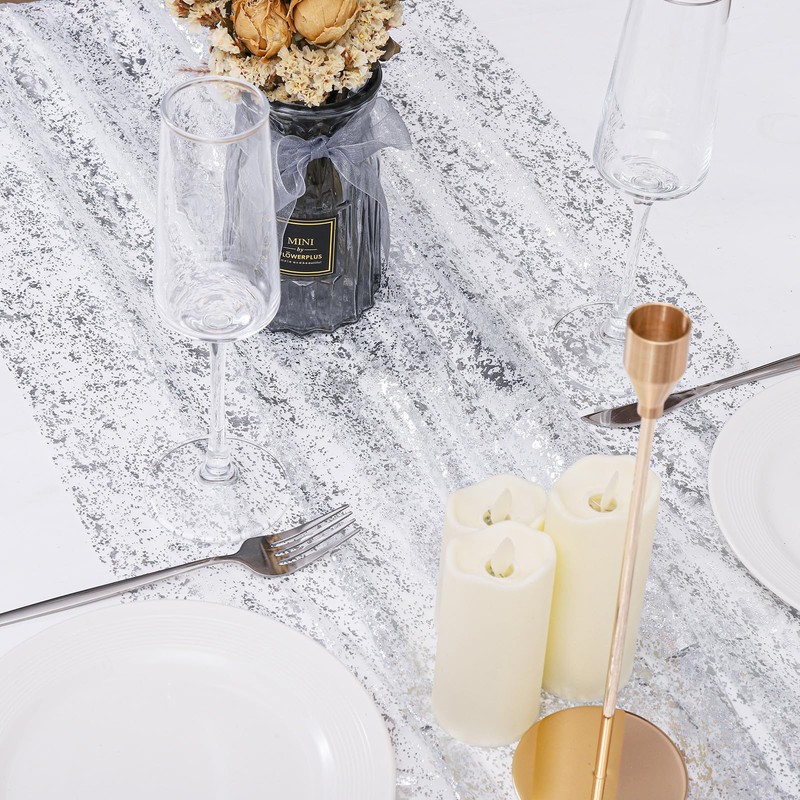 6PCS Silver Table Runner 10Ft Sheer Chiffon Fabric Cheesecloth Sequin