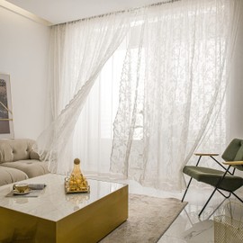 Sutuo Home Ivory Lace Curtains 96 Inches Long 2 Set, Sheer Panels Floral Embroidery Vintage Voile Window Treatment Pair for Bedroom Living Room Kitchen, Retro Christmas Decor Rod Pocket, W57 x L96