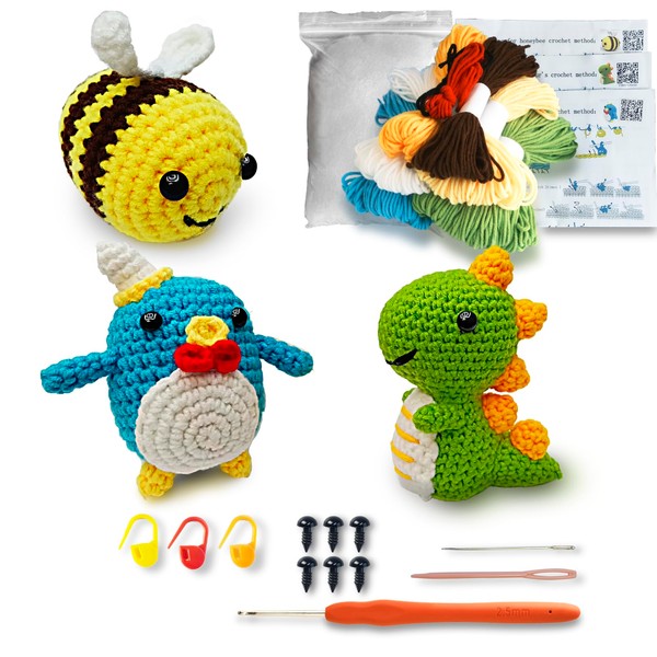 Amigurumi Crochet Animal Kit for Beginners Step by Step Video Tutorials, Yarn, Hooks and Accessories Included Make Cute Animals: Penguin, Dinosaur, Bee - Perfect Knitting Starter Pack for All Ages