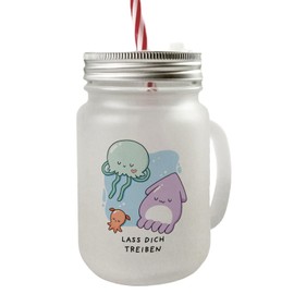 Jelly & Friends Mason Jar with Handle Drinking Glass with Lid with Saying Lass dich treiben Relax Feel Freedom Kawaii Bubble Tea Design Squishy Motif for Fun