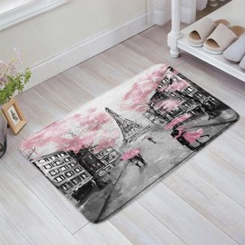 YSSFAV Eiffel Tower Bath Mat Romantic French Paris Love Valentine's Day Pink Flowers Memory Foam Bathroom Kitchen Bedroom Livingroom Soft Floor Rug, 16"x24"