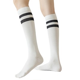 Dress Cici Cotton Compression Socks with Thick Stripes Around Top Band, Athletic Sports Knee High Long Socks for Women (3 Pairs: Black+Grey+White)
