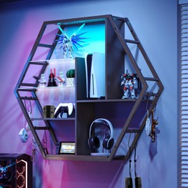 Saudism Floating Shelves with Lights, Led Shelves for Wall, Gaming Room Decor Display Shelf, Lighted Bar Shelves, Extra Hanging Hooks Storage, Sturdy Fast Assembly Great Weight Capacity-Black