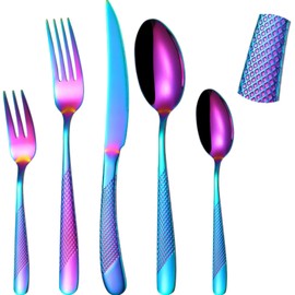 Vilihkc Hammered Silverware Rainbow 20 Pieces Stainless Steel Flatware Set for 4 include Knife Fork Spoon Thickened Modern Design Handle Elegant Durable Festival Parties Kitchen Daily Use