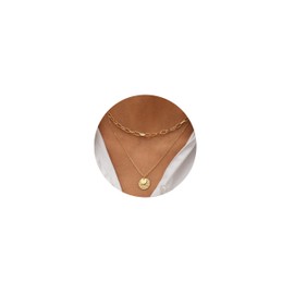 FUNEIA Kette Gold Damen Layered Halskette 14k Vergoldet Kette mit Anhänger Rundem Plättchen Choker Doppelkette Multilayer Zarte Wasserfester Hypoallergene Goldene Ketten Modeschmuck Für Frauen Mädchen
