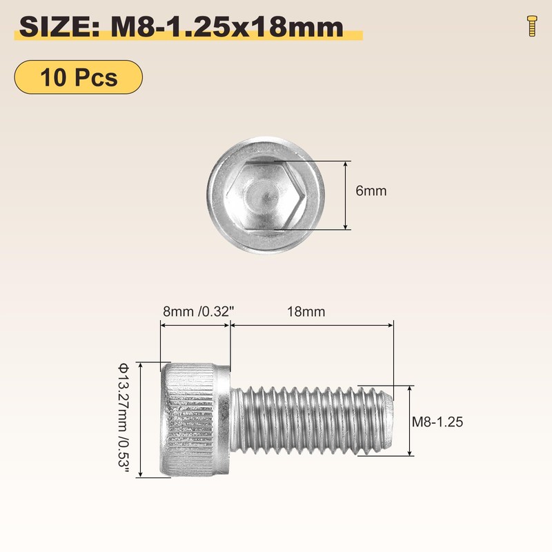 METALLIXITY Socket Head Cap Screw(M8-1.25x18mm)10Pcs, 304 Stainless Steel Allen Socket
