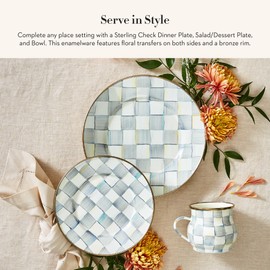 MACKENZIE-CHILDS 3-Piece Enamel Place Setting with 10-Inch Round Dinner Plate, 8-Inch Salad/Dessert Plate, and 7.5-Inch Breakfast Bowl, Gray-and-White Sterling Check