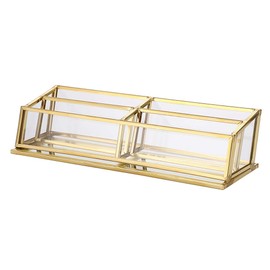 Hipiwe 4 Slots Glass Business Card Holder Stand - Vintage Gold Metal Name Card Display Stand Office Desktop Countertop Business Card Organizer