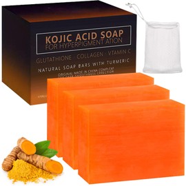 Kojic Acid Soap, Natural Soap Bar with Turmeric, Vitamins C Soapfor Dark Spot Acne Blackheads Hyperpigmentation, Deep Cleansing Facial & Body Skin Brightening Moisturizing, 3 x 100g (Kojic Acid)