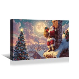 YONICA Christmas Canvas wall art, Santa Claus by the chimney getting ready to sneak into the house prints painting, Christmas Theme Wall Art Christmas Decor for Home Living Room Decor 16x12 Inches