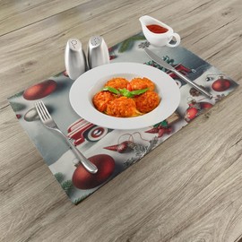 Ambesonne Christmas Place Mats Set of 4, Vintage Red Truck with a Pine Tree and Holiday Season Ornaments Snowy Winter, Washable Fabric Placemats for Dining Table, Standard Size, Grey Teal Ruby