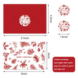 Whaline 24Pcs Merry Christmas Cards with Envelopes and Stickers Red Bell Pinecone Christmas Greeting Cards Holiday Blank Note Cards for Xmas Winter Supplies